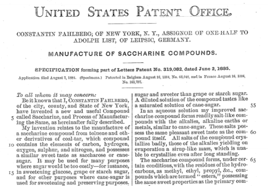 Inicio de la patente de la sacarina, firmada únicamente por C. Fahlberg